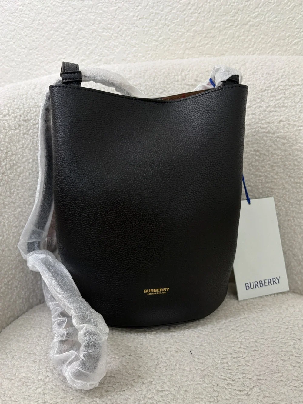 Burberry Black Leather Bucket Bag with Check Strap